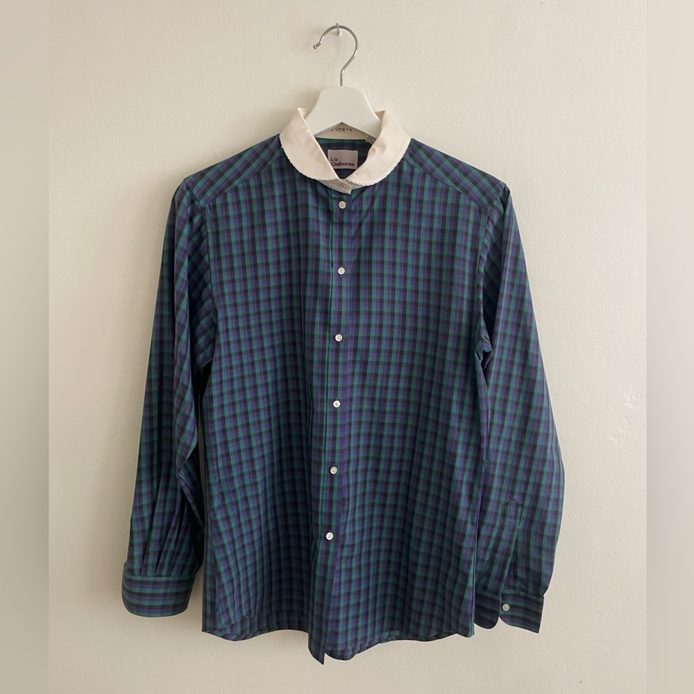 Vintage Liz Claiborne Blue and Green Plaid Shirt with White Collar